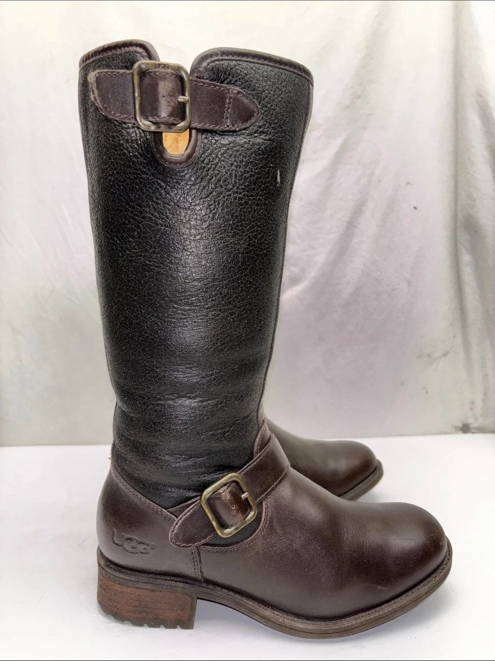 UGG Brown and Black Leather Buckle Boots, SZ 5 big girl
